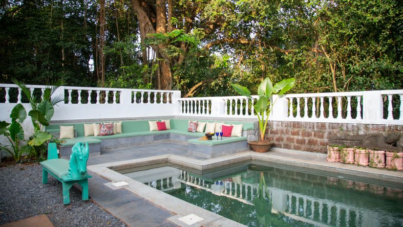 view of the l shaped pool from a distance