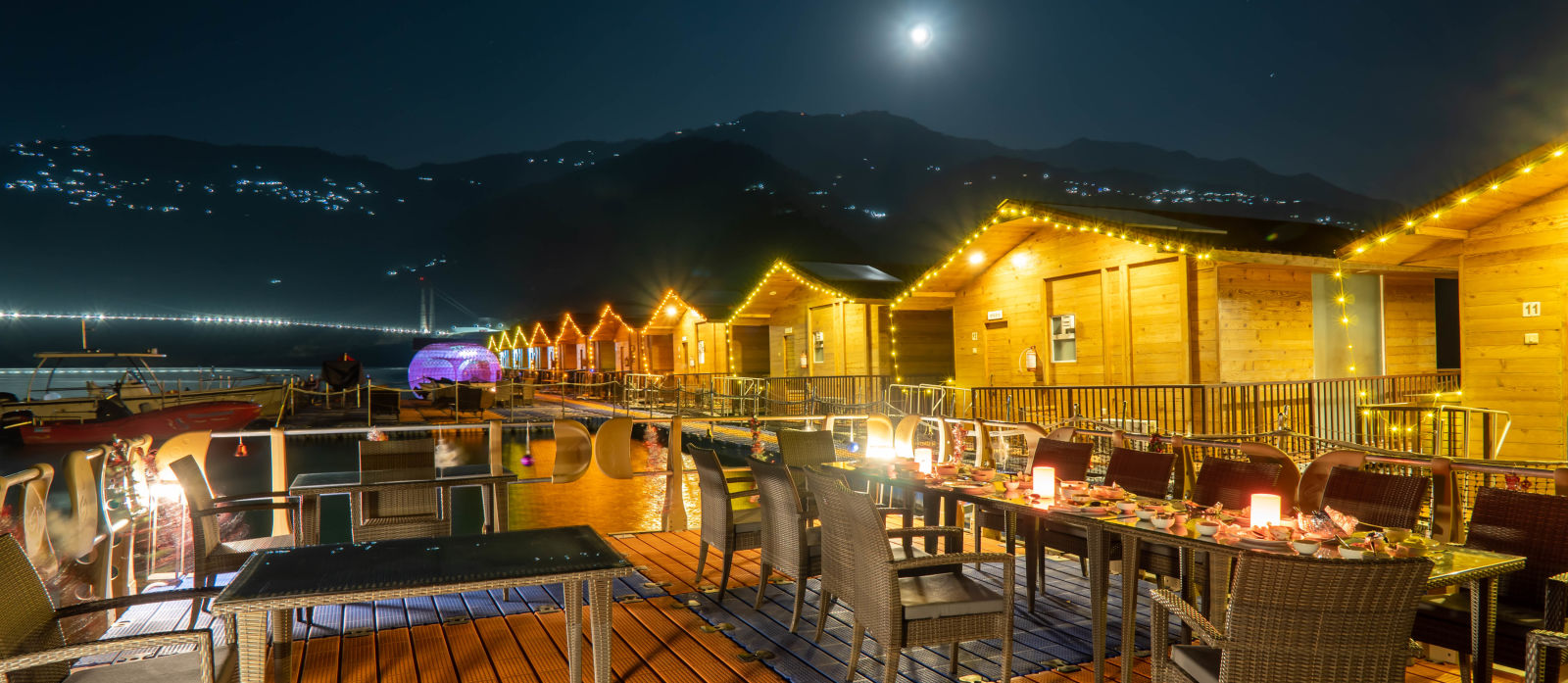 ariel and front view of the floating huts at Le ROI Floating Huts Eco Rooms captured during the day and at night5