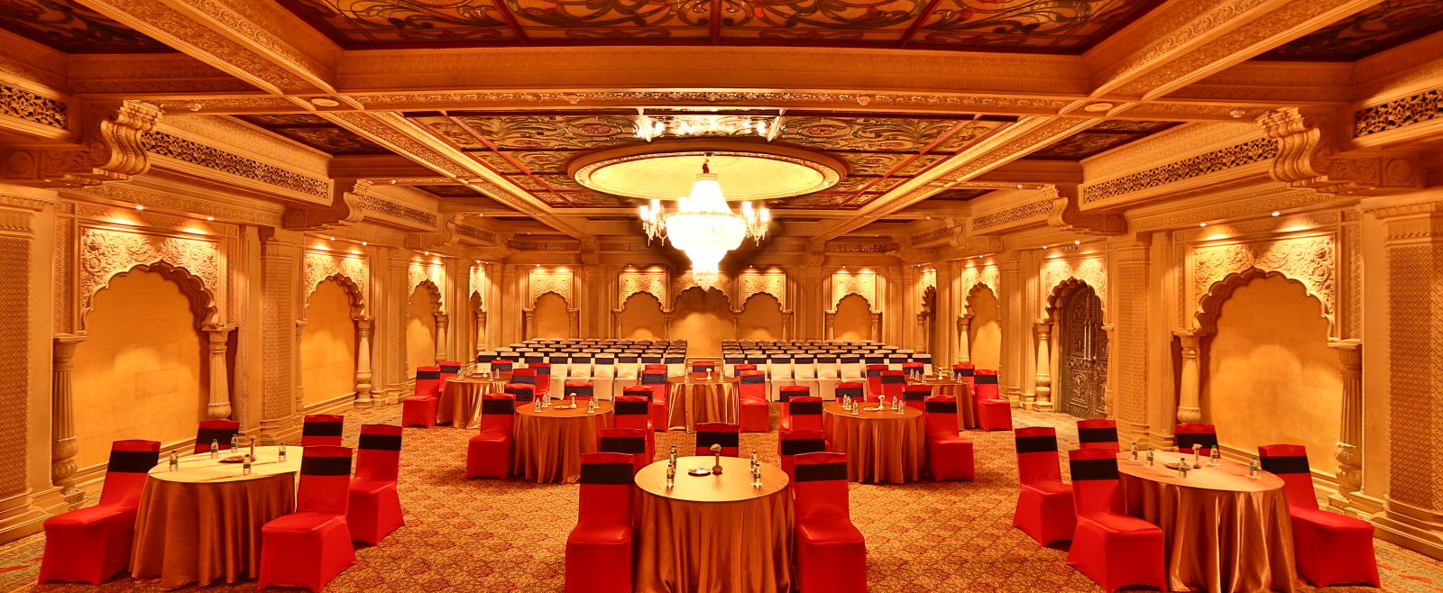 Seating arrangement in Taj Mahal Hall at Sitara Luxury Hotel