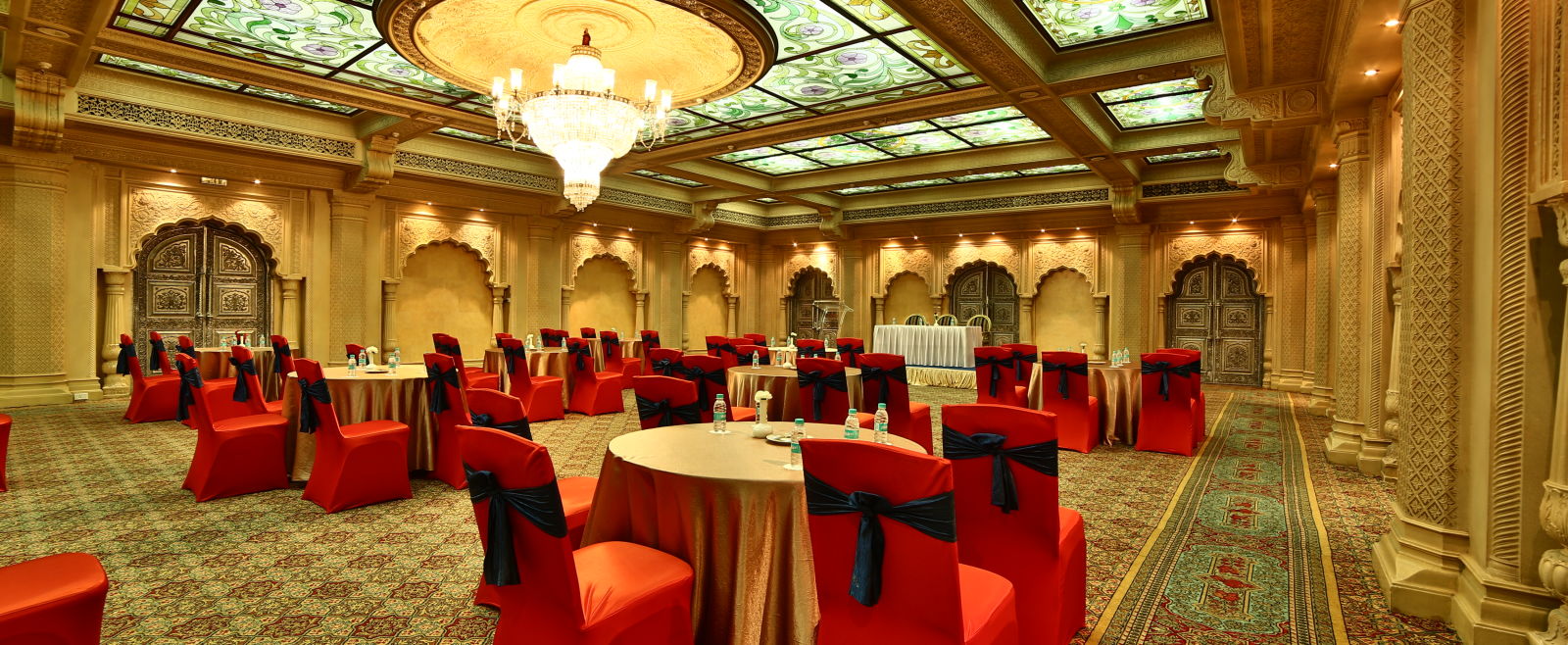 Seating arrangement in Taj Mahal Hall at Sitara Luxury Hotel