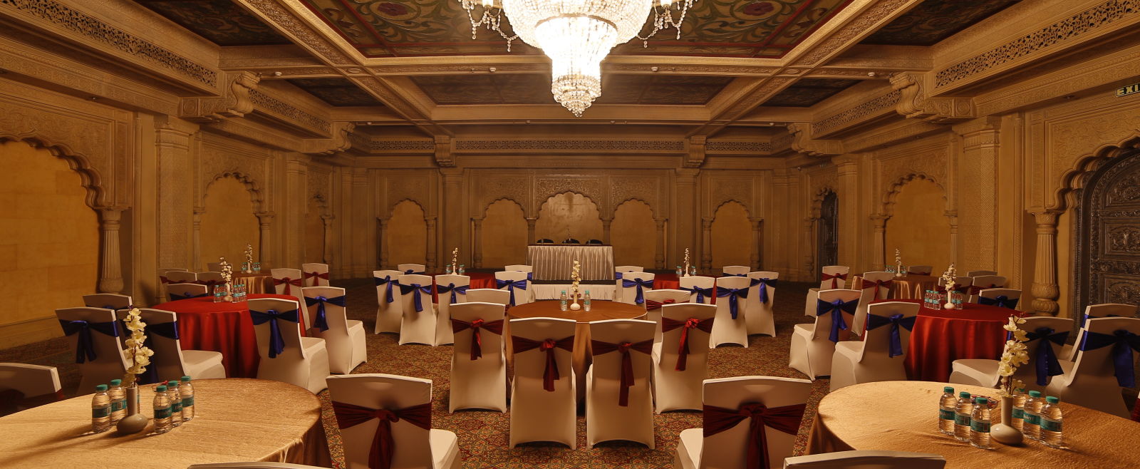 Seating arrangement in Taj Mahal Hall at Sitara Luxury Hotel