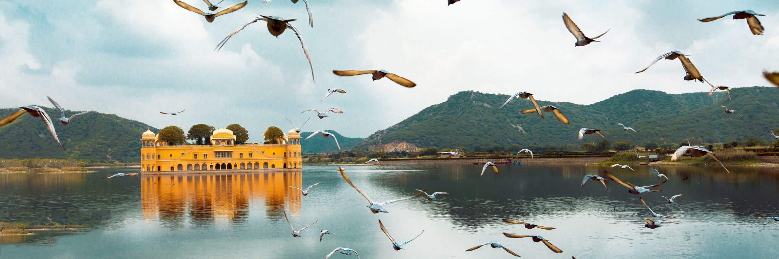 Jal Mahal in a lake with mountains in the background and birds flocking towards it