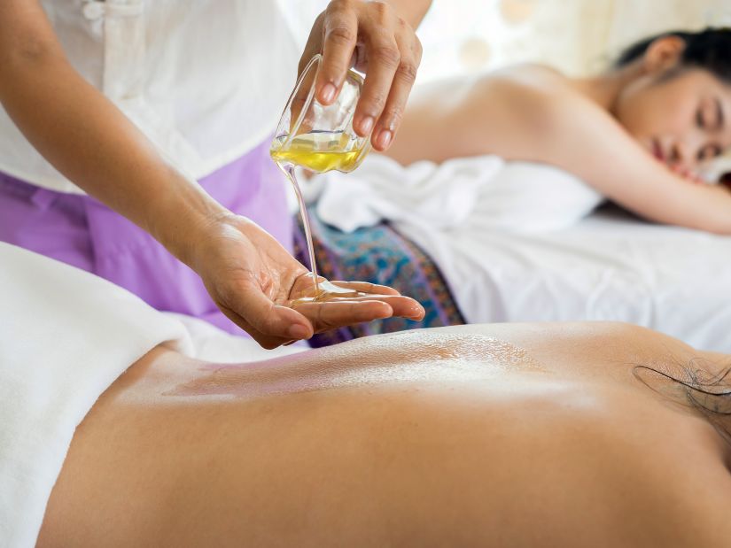 A person receiving Ayurvedic massage @ Lamrin Boutique Cottages, Rishikesh