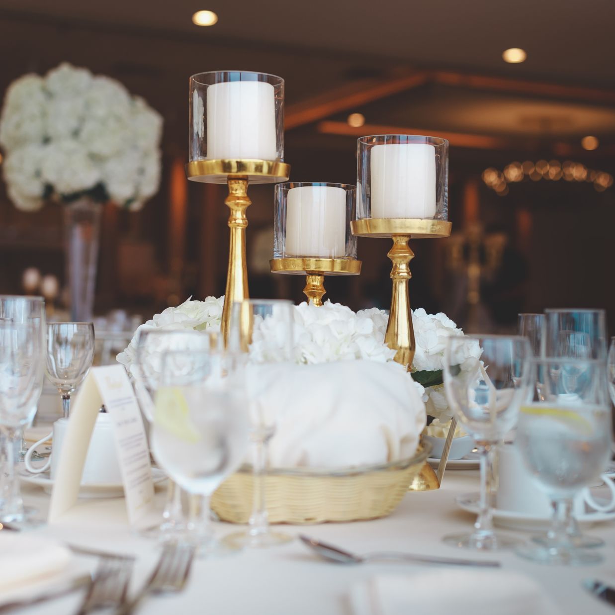 A decorated table at a banquet hall