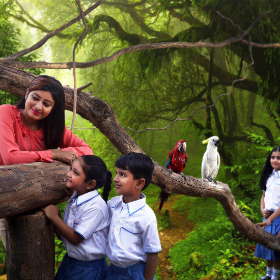 bird park esselworld, school kids interacting with birds