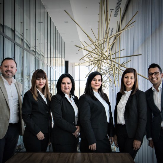 a group of professionals in suits posing for the camera