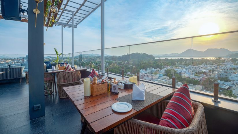 Seating arrangements at a restaurant in Parallel Hotel, Udaipur