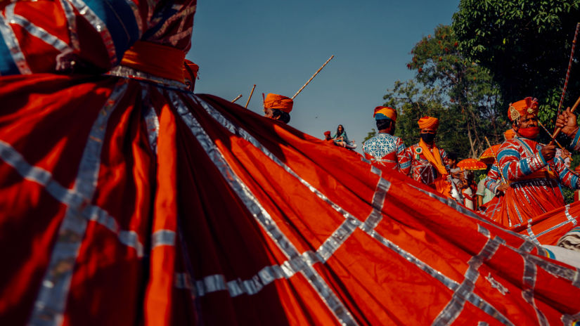 Beautiful Mewar festival Udaipur with people in colourful attire