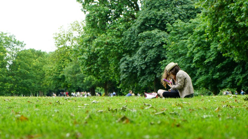 A low angel shot of a couple sitting in a park