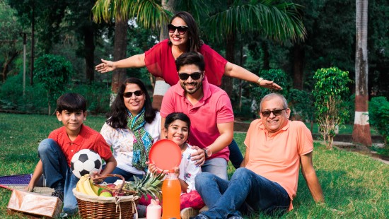a family posing for the camera at a picnic 2