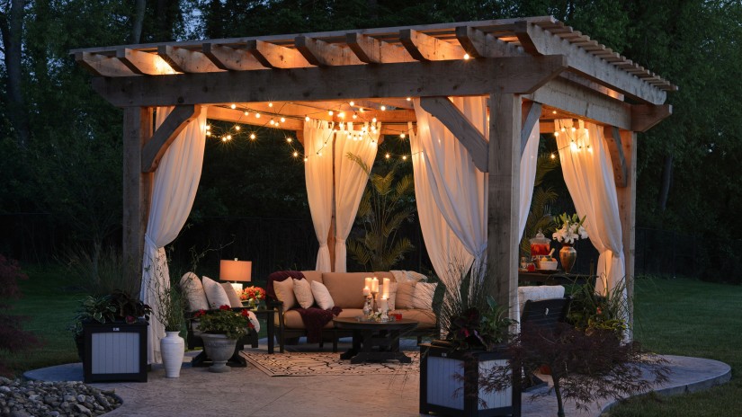 An outside al fresco setting for an event during night time