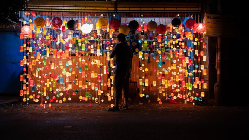 Wall decorated with string lights