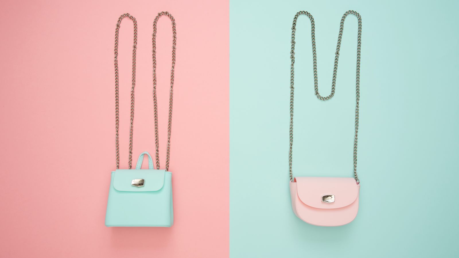 two bags in pastel colours in the different backgrounds