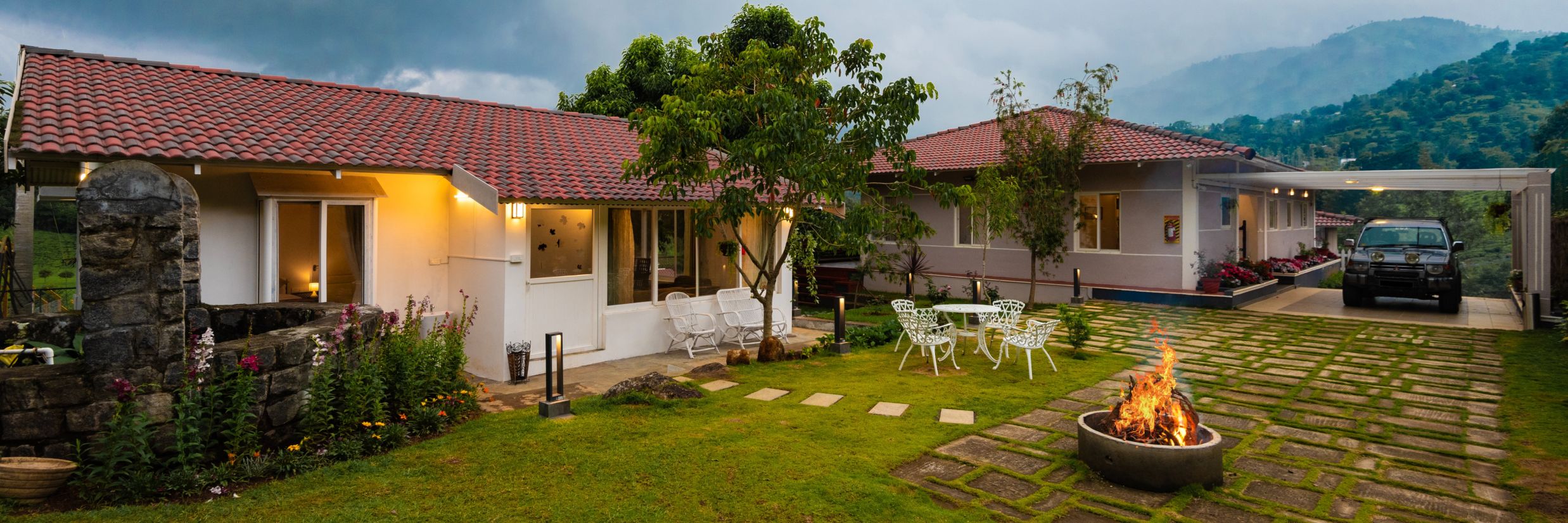 Annexe and Main House Exterior with out seating and campfire - Ibex Stays & Trails, Kotagiri