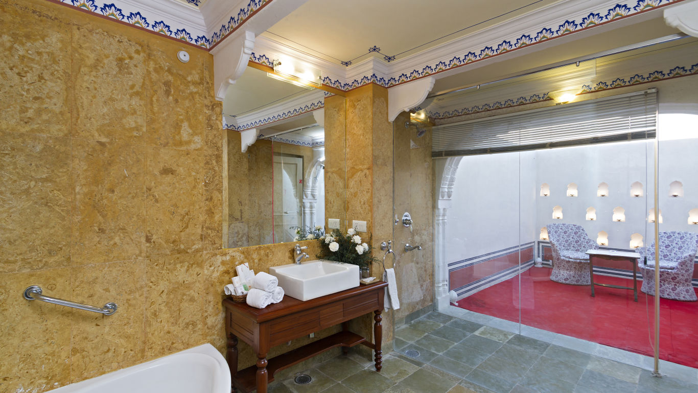 a washroom with a shower and a washbasin  - Hotel Castle Mandawa, Jhunjunu