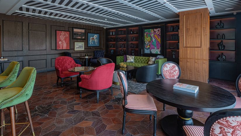 Interior of THOT Lounge with sitting area at Parallel Hotel, Udaipur