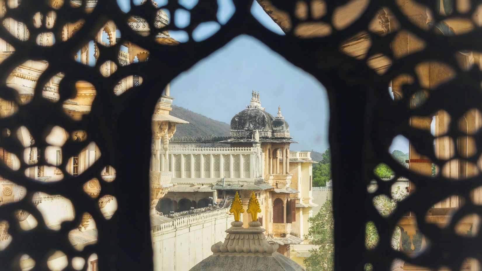 A view via a well carved lattice window of an elaborate edifice - Udaipur