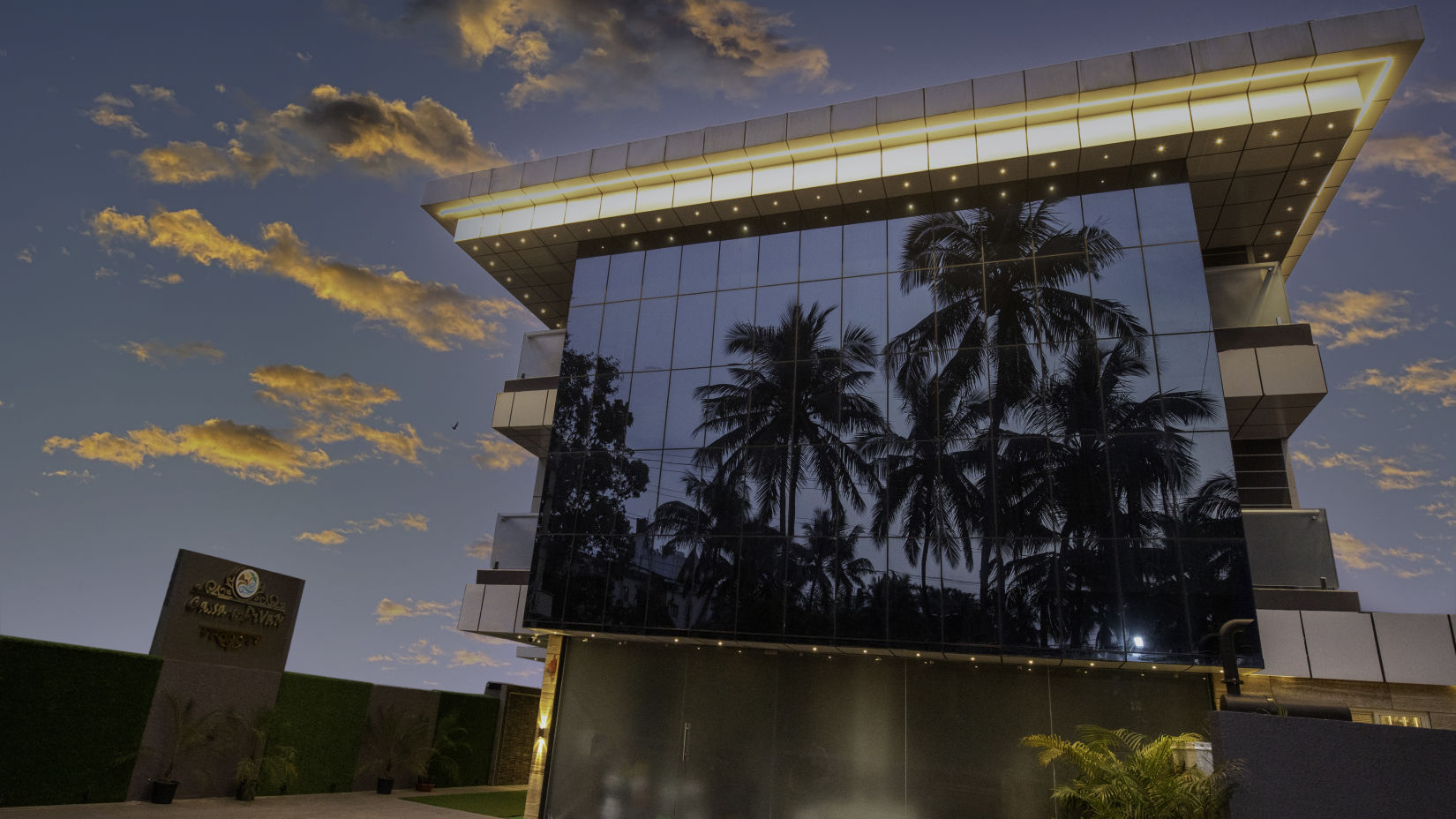 hotel facade with evening light