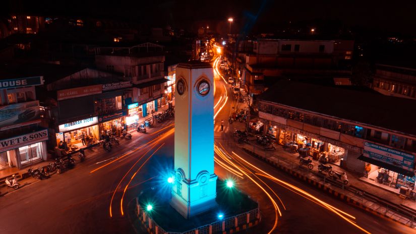 Trailling lights around the clock tower at Aberdeen Bazaar in Port Blair