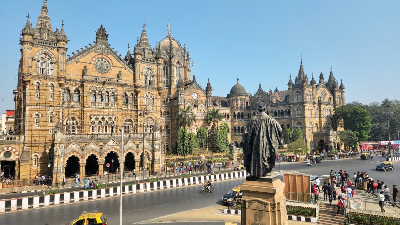 Chhatrapati Shivaji Terminus against clear blue skies