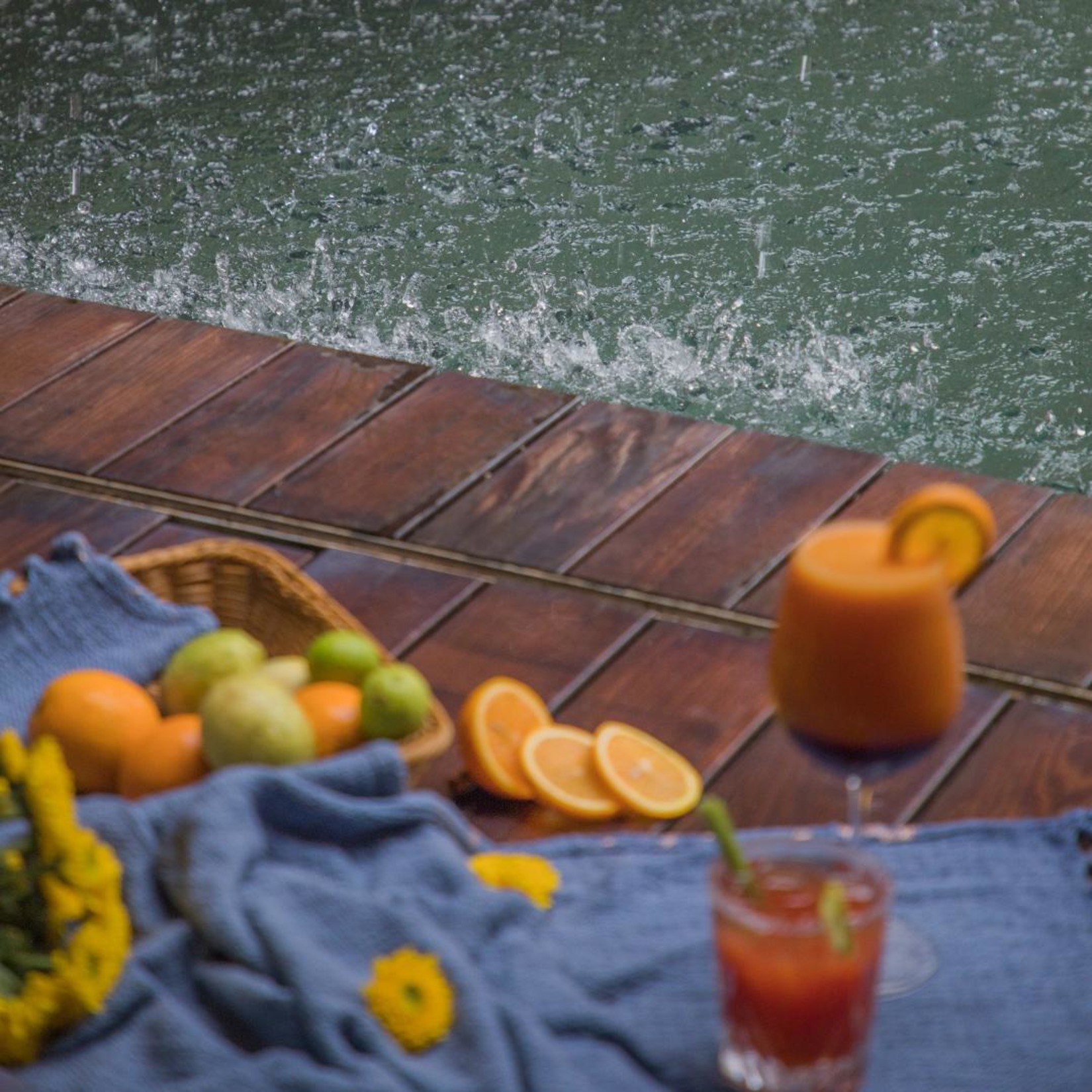 Drinks kept alongside a blanket