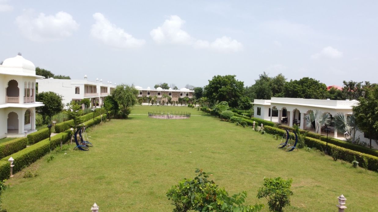 The spacious lawn doubles as an event venue in Ranthambore