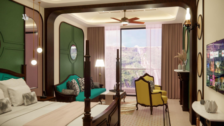 Image of a elegant and stylish interior designed Seven Sister Fall View Room with Tub at  Polo Orchid Resort, Cherrapunji