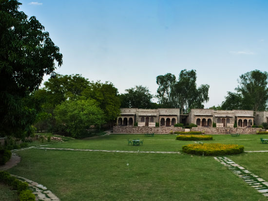 Deo Bagh - 17th Century, Gwalior - a panoramic view of the garden with the resort in Gwalior in the background