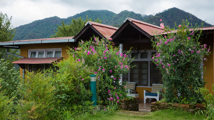 The Ramgarh Bungalows - exterior of a bungalow surrounded with plants and flowers