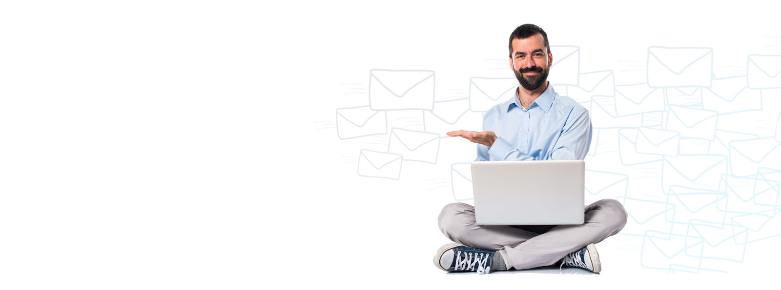 A bearded man sitting cross-legged indicating Simplotel's automatic upsell emailers.