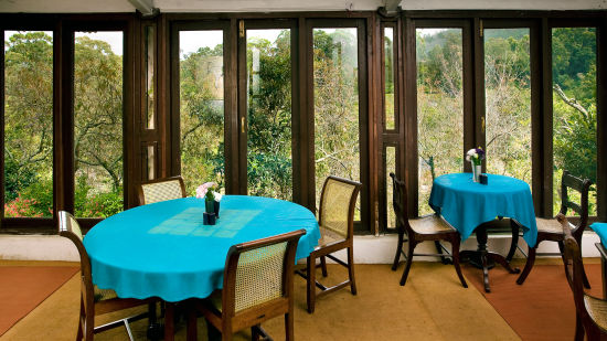 Two tables with blue cloth and tables surrounding it with floor to ceiling windows showing the greenery next to the hotel - Wallwood Garden - 19th Century, Coonoor