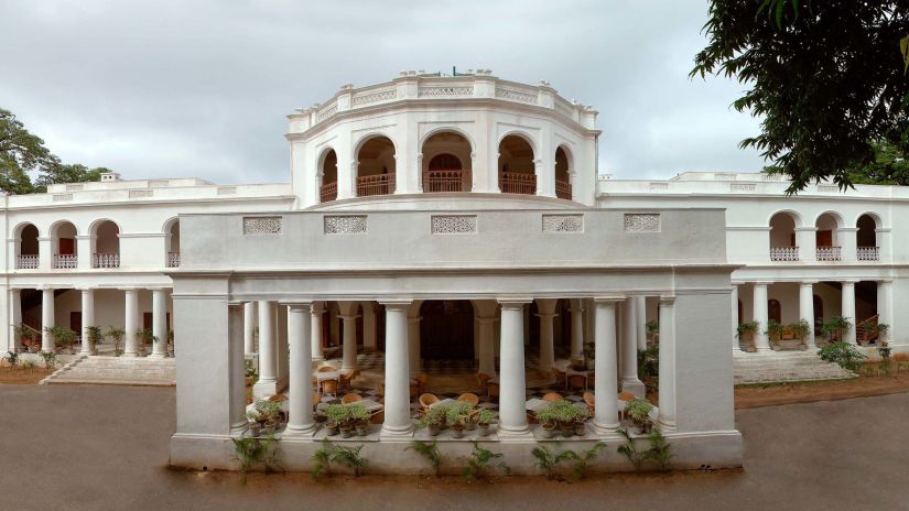 a close up shot of the facade showcasing the pillars - The Baradari Palace