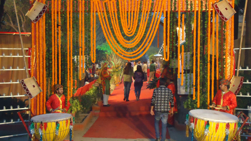 two drummers performing at the entrance of a wedding ceremony - The Baradari Palace