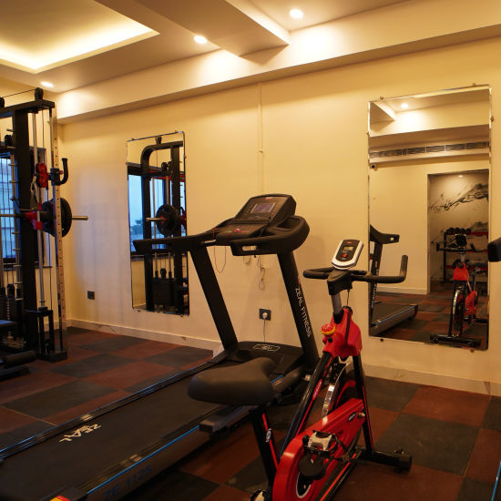 treadmills with a cycle and mirrors inside the fitness centre - Shanti Seaview Resort & Spa