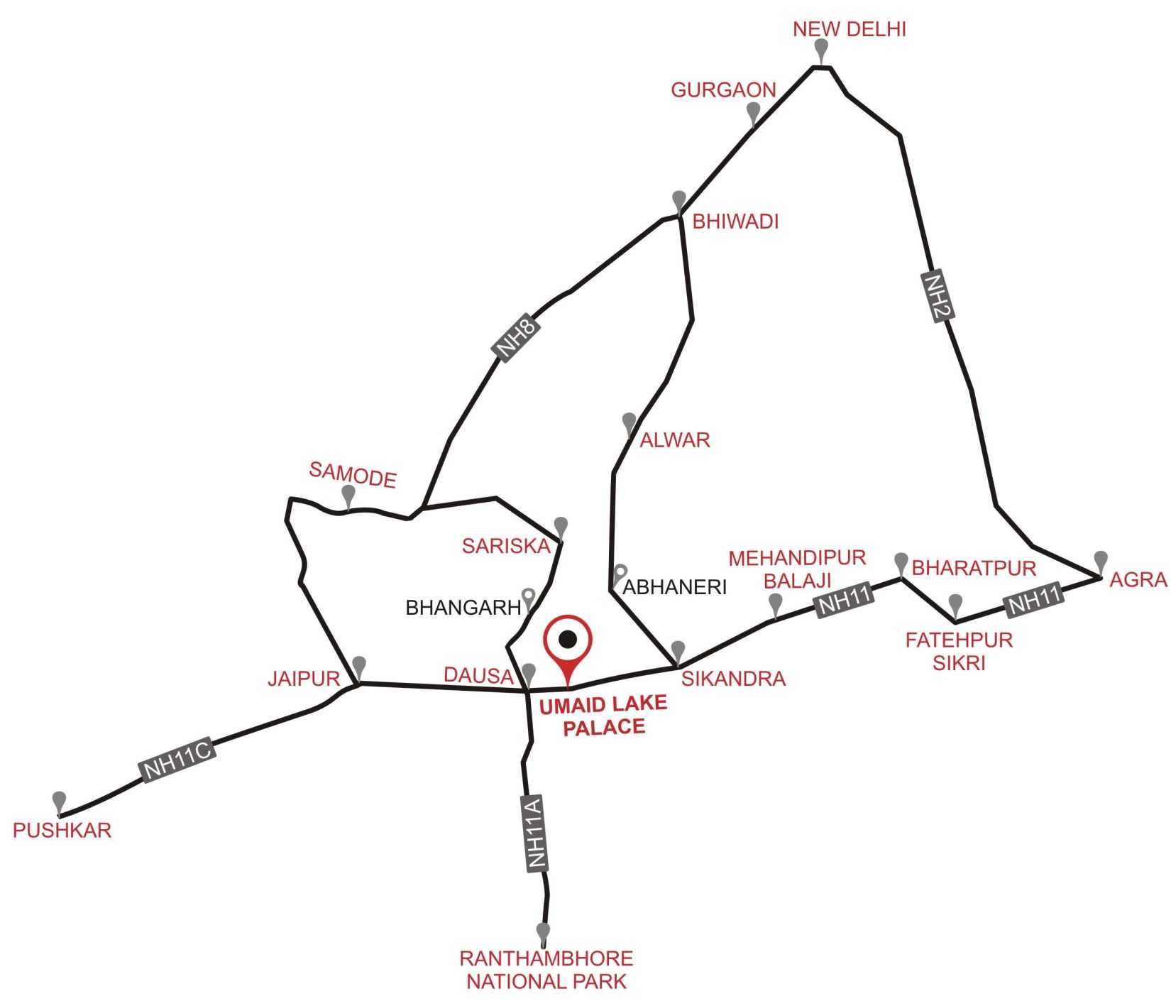 Map of Umaid Lake Palace Hotel Kalakho Dausa Rajasthan 