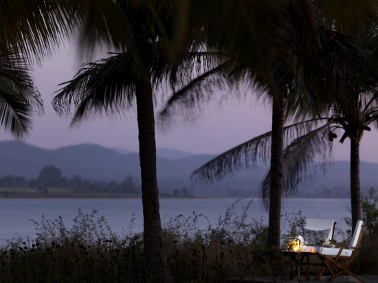 view of lake and faraway hills from our resort 