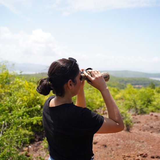 A person using binoculars for bird watching - Stone Wood Nature Resort, Gokarna