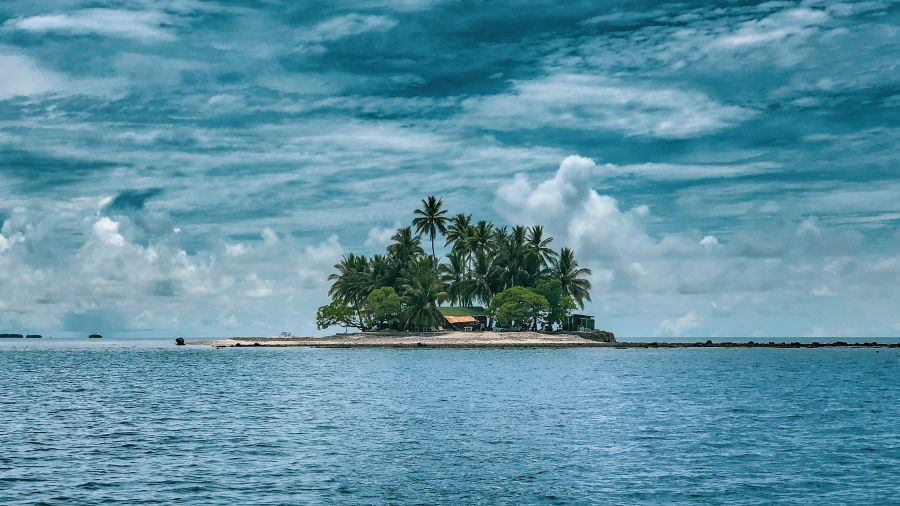 a solitary island in the middle of the ocean with a small forest cover on it