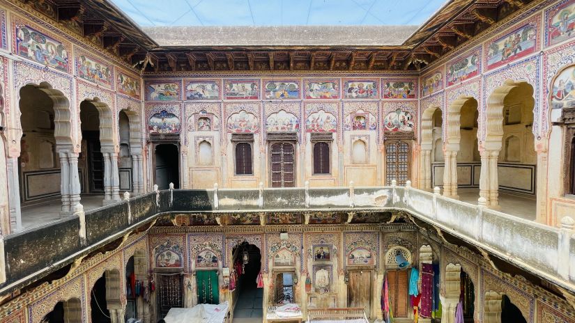 Colourful paintings on the walls of haveli