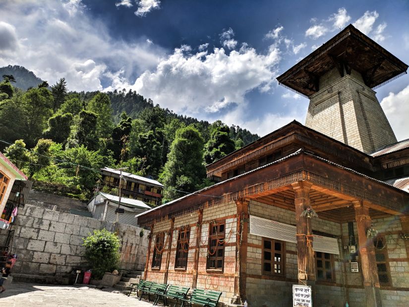 A temple's side view under the bright sky