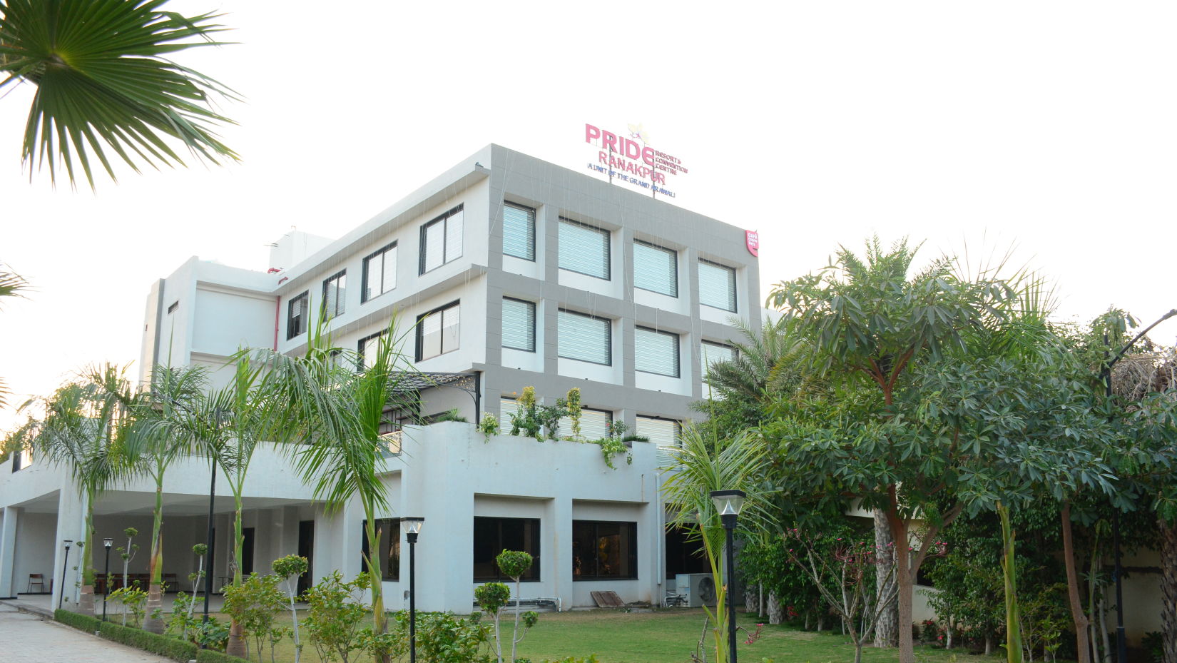 Pride Ranakpur Resort Convention Centre - image of the property facade with the crest present on the upper portion of the building