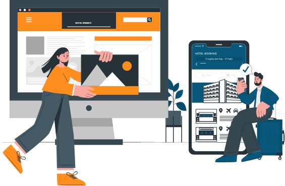 Infographic displaying Simplotel's responsive websites and booking engine on desktop and mobile screens.