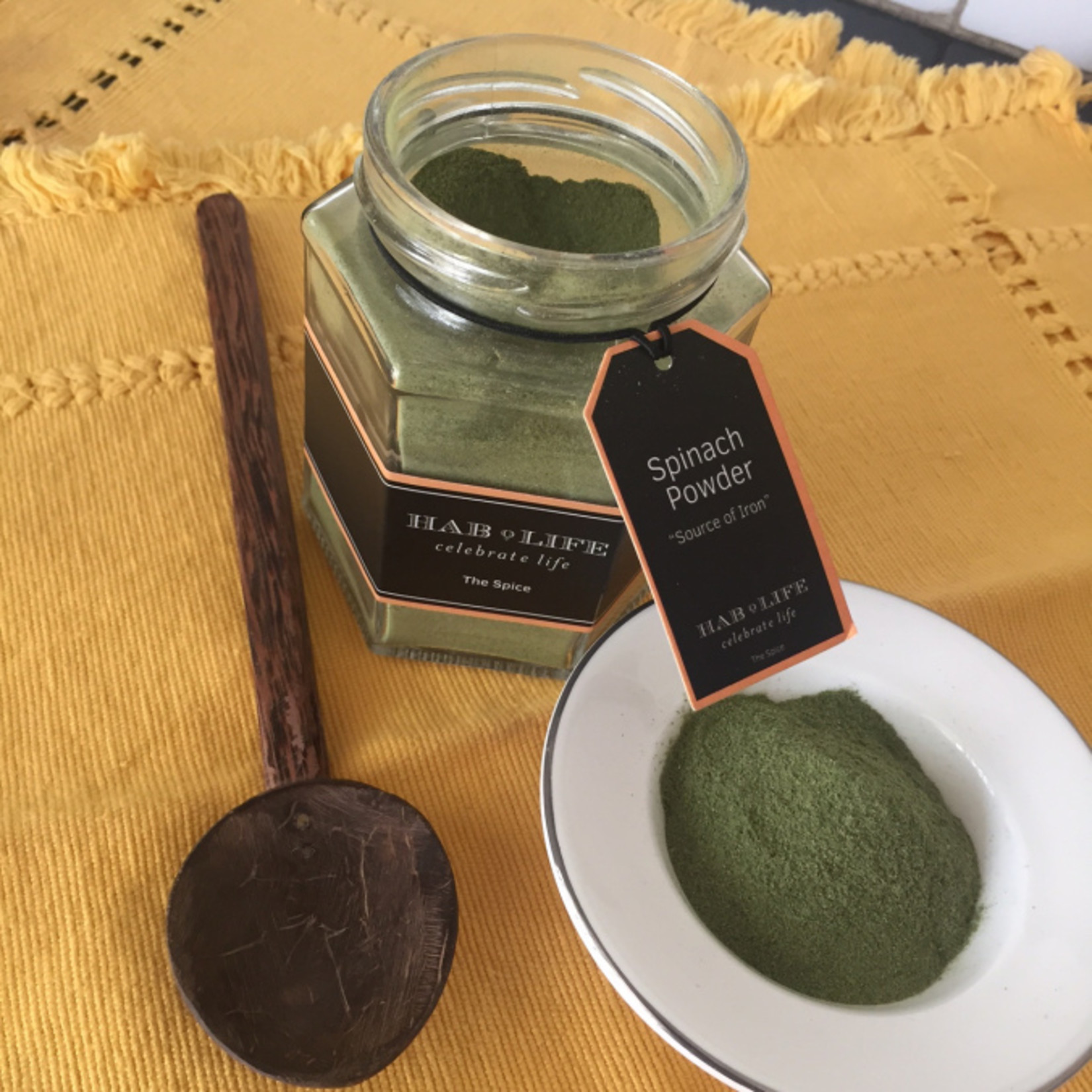 A jar of spinach powder at Hablis Hotel, Chennai