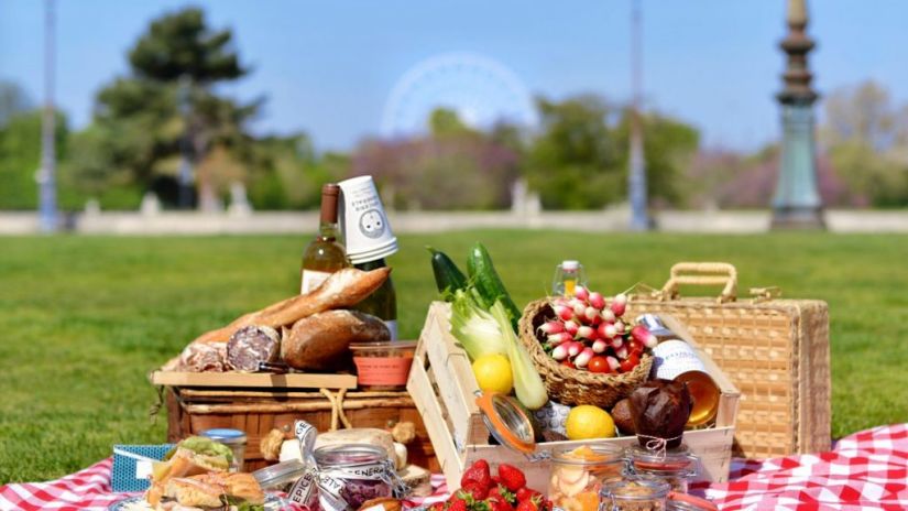 a picture of a picnic spread on the grass 