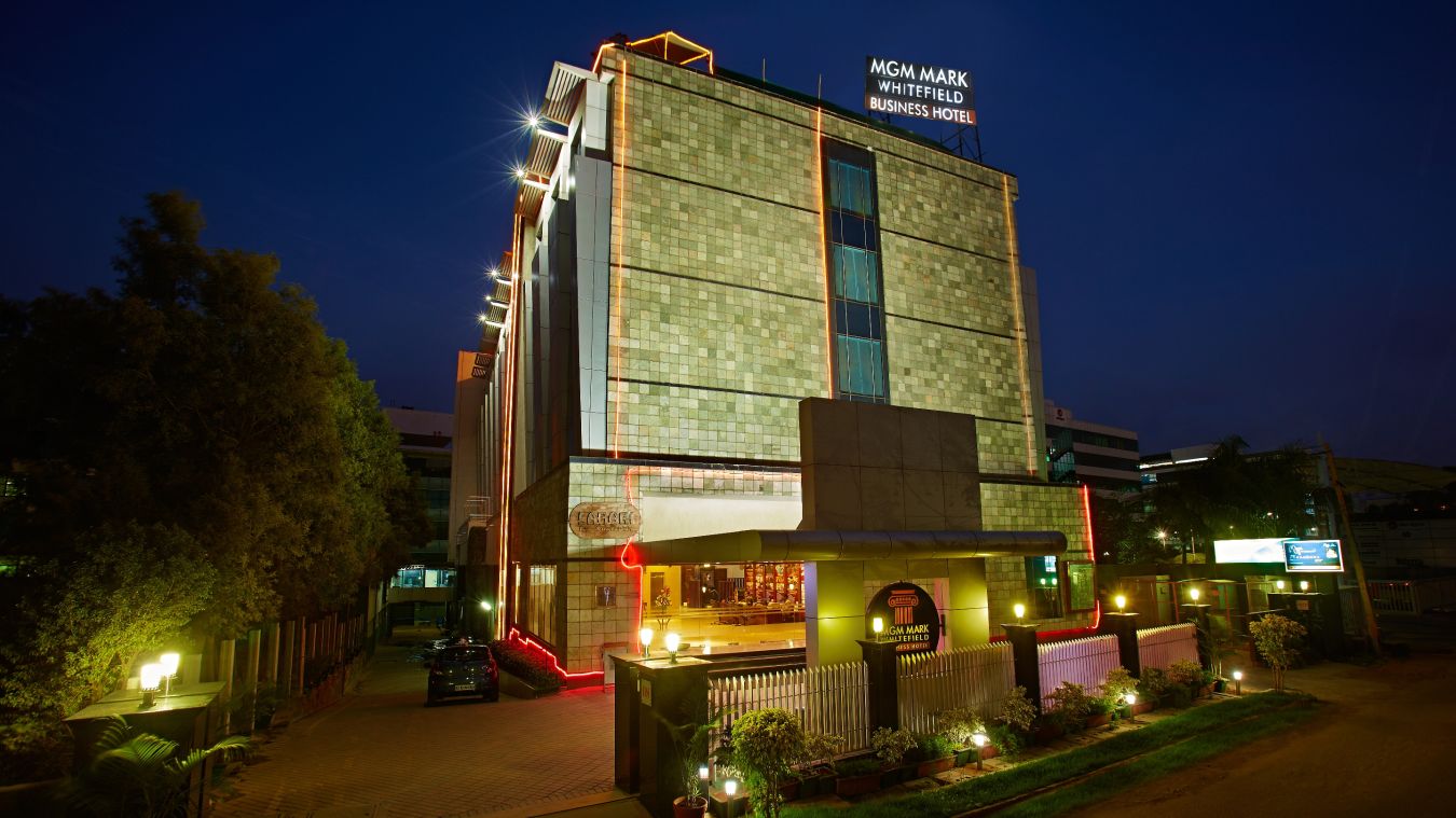 Nightime facade of our hotel in Bangalore 