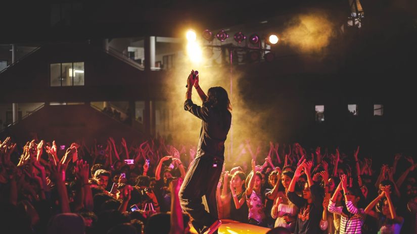 Crowd cheering at a party