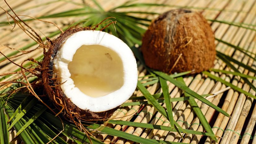 A coconut broken into half