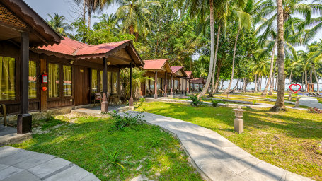 A serene pathway lined with lush greenery and tall palm trees leading to wooden cottages by the beach, with each cottage featuring a small porch and red roofing.