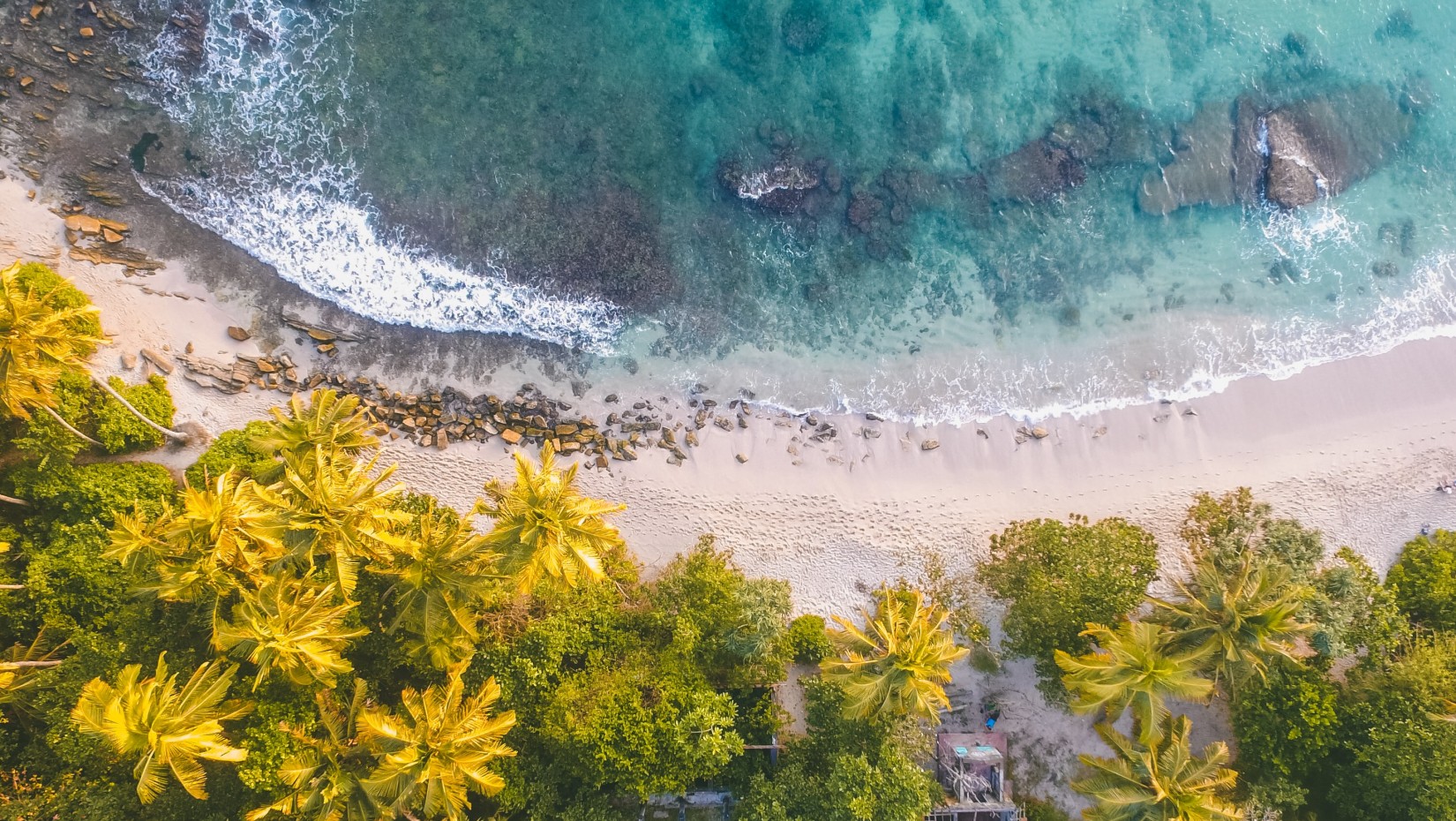 an aerial view of a beach with blue waves crashing on the shore