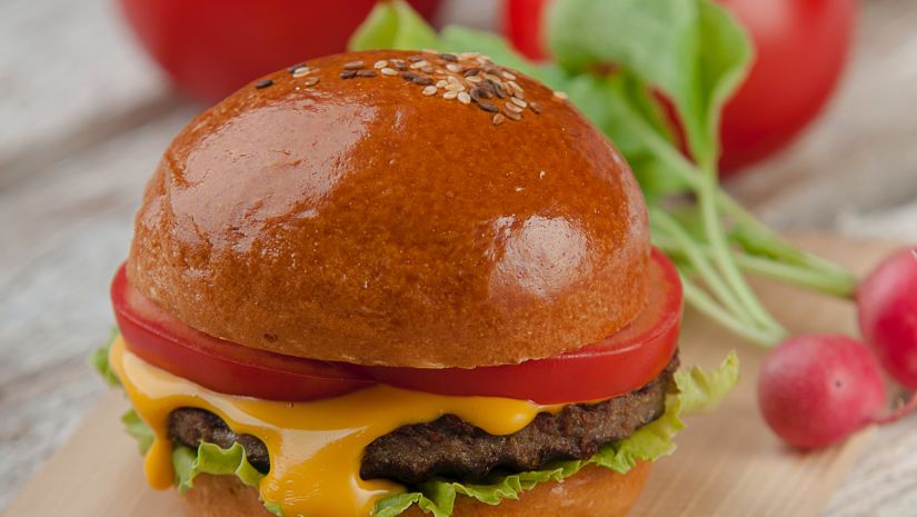 A delicious looking burger served with a side of tomatoes